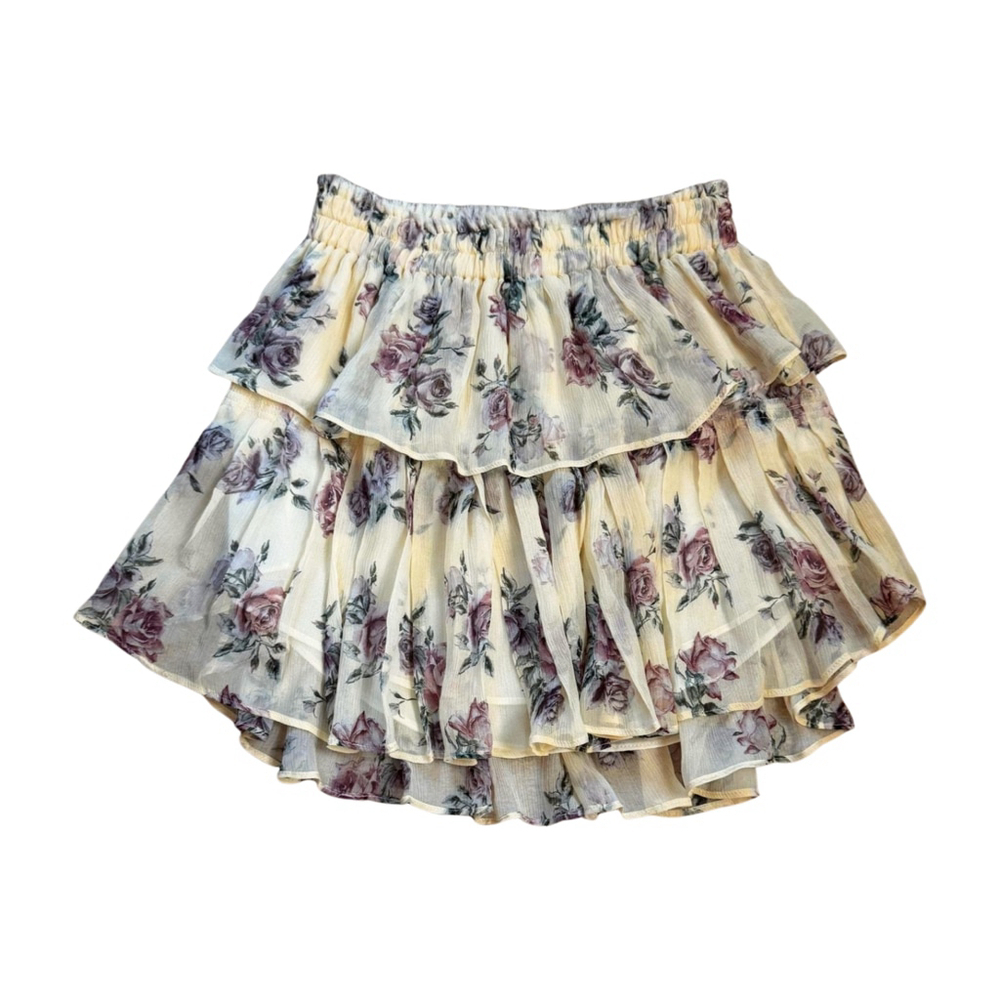 LOVESHACKFANCY Small 100% Silk Tiered Yellow skirt Floral Purple MSRP $285